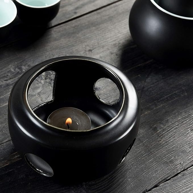 Ceramic Sake Set with Warmer Pot Tray, Stovetop Porcelain Pottery Hot Saki Drink Bottle, 10pcs Set 1 Stove 1 Warming Bowl 1 Sake Bottle 1 Tray 6 Cup Keep Sake Storage Box (Black)