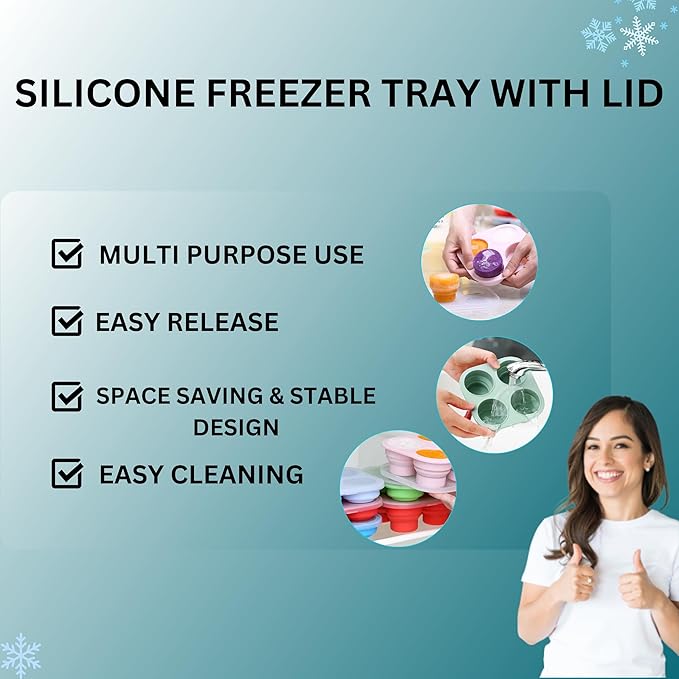 Silicone Freezer Tray with Lid - Stackable 2 oz Large Ice Cube Molds for Homemade Purees, Egg Bites, Broth Food Storage - Dishwasher Safe - MILK WHITE