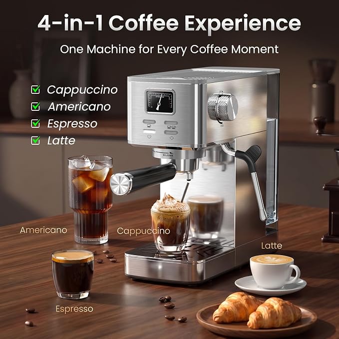Electactic Semi-Automatic Espresso Machine, 20 Bar Stainless Steel Espresso Machine with Pressure Gauge, Steam Milk Frother, Hot Water Function, Removable Water Tank & Cup Warmer