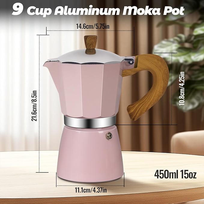 9 Cup Aluminum Moka Pot Classic Stovetop Espresso Coffee Maker 450ml 15oz Coffeemaker Percolator Mocha Pot Greca Coffee Maker Cafe Makers for Italian and Cuban Café Brewing Pink