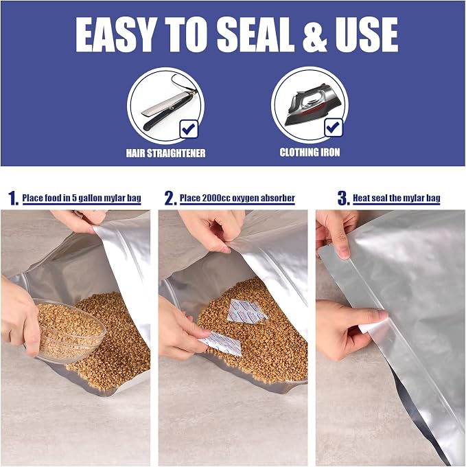 15 Pcs 5 Gallon Mylar Bags for Food Storage, 10.5 Mil Mylar Bags with Oxygen Absorbers 2000cc (15 Single Sealed), Stand-Up Zipper Resealable Bags & Heat Sealable Food Storage Bags + Labels