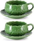 KAMMAK Tea Cups and Saucers Set of 2, Porcelain Coffee Cups, 10-Ounce Stackable Espresso Mugs, Ceramic Demitasse for Coffee, Latte, Americano, Tea, Lucky Green