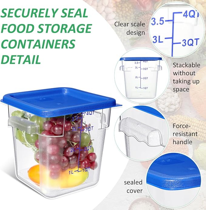Yungyan 6 Pcs Commercial Clear Food Storage Containers 4 Qt Square Acrylic Airtight Food Storage Containers with Lids for Kitchen Restaurant Pantry Freezer Flour Sugar(Blue)
