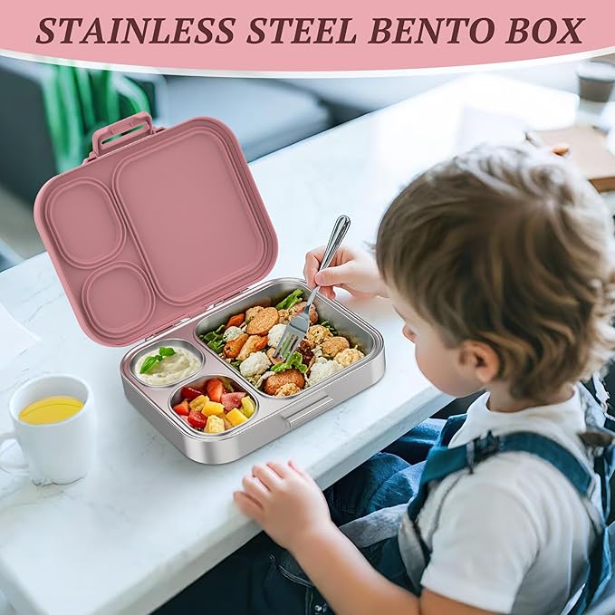 LOHASOK Stainless Steel Kid Lunch Box, Leak-Proof with free sealing Bento Box 3 Compartments Pink Girl