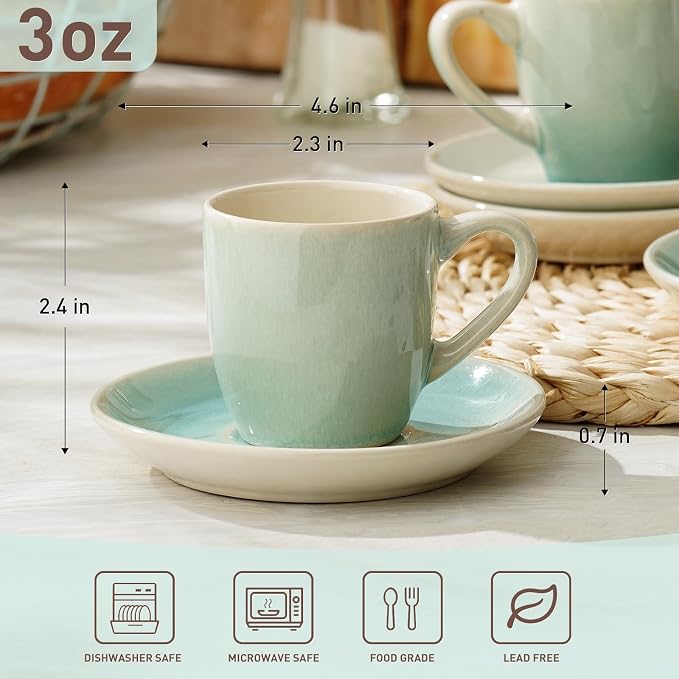 famiware Glacier Espresso Cups with Saucers Set of 4, 3oz Espresso Cup Set, Coffee Mug Set for Latte, Macchiato, Stoneware Demitasse Cups Set for Cafe, Microwave&Dishwasher Safe, Aqua (Pack of 2)