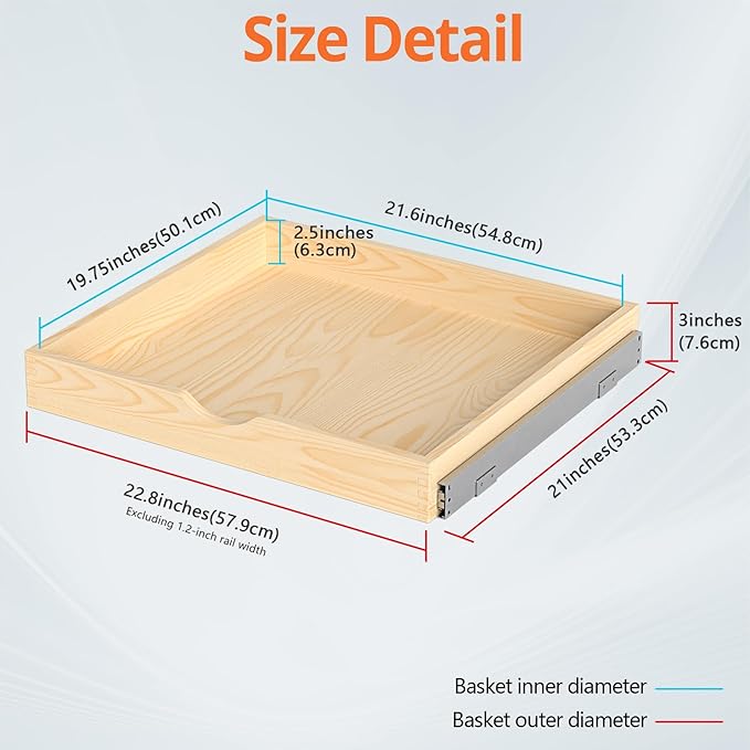 ZOINLIY 24''W X 21''D X 3''H Wooden Pull Out Drawer for Cabinet, Cabinet Organizer for Kitchen, Soft Close Slide Out Shelves, Heavy Duty, Fully Expandable - Bottom Mounting