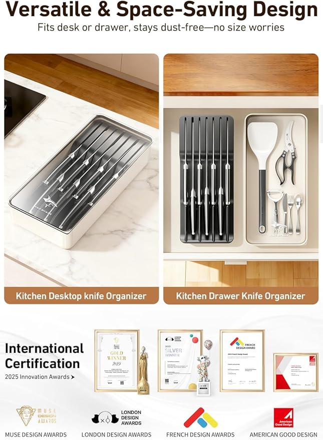 MAD SHARK 2-in-1 Detachable Knife Block & Silverware Organizer, Drawer Knife Holder for 7 Knives, BPA-Free, Blade-Safe Slots, Save Counter Space, Kitchen Drawer or Counter Storage, No Knives