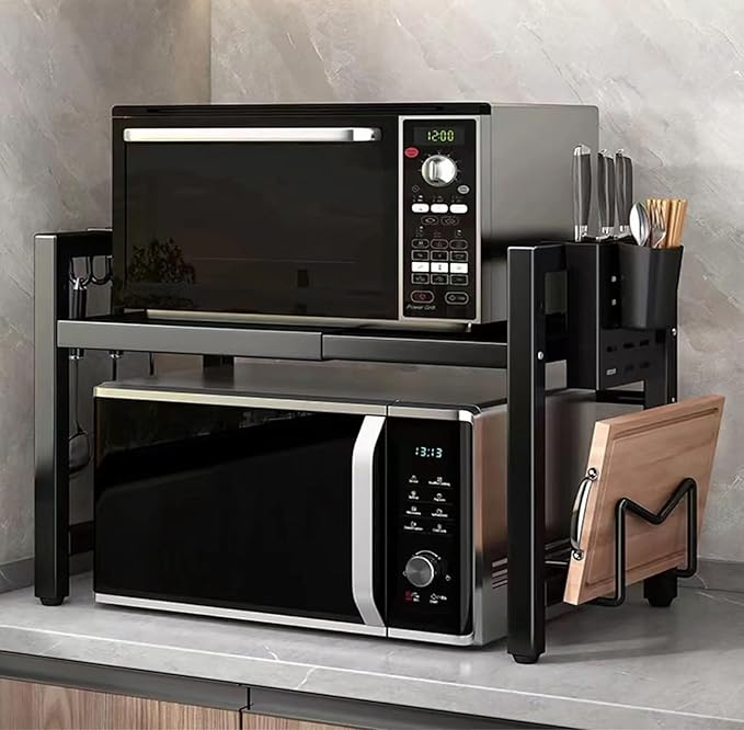 Extendable Microwave Oven Rack, 15.7~24.8" L Expandable Microwave Stand with Storage Shelf Heavy Duty with 6 Hooks and Chopsticks Cutting Board Holder for Kitchen Countertop