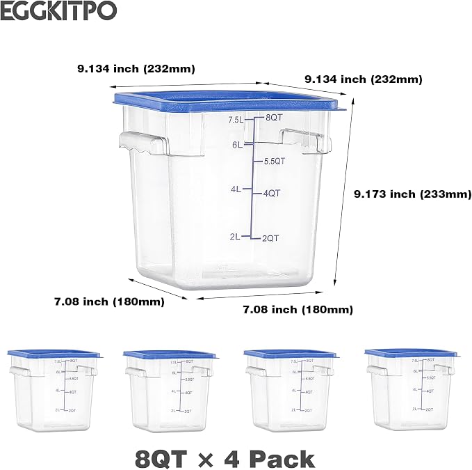 EGGKITPO 8 QT Set of 4 Food Storage Containers with Blue Lids Handle and Scarle Stackable Clear Square Commercial Container Set For Dough Proofing Home Restaurant Kitchen Supply BPA-Free Polycarbonate