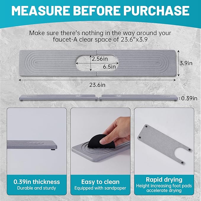 Stone Faucet Mat for Kitchen Sink with Oval Hole – 23.6" × 3.9" Diatomite Drying Stone Mat & Sink Protector, Quick-Dry Splash Guard Water-Absorbing Tray for Bathroom Counter（Gray.23.6" x 3.9"