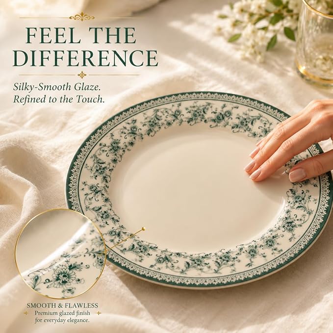 Tudor Royal 12-Piece Round Porcelain Dinnerware Set, Service for 4 - Aster Green Design, Multicolor Floral, Plates Bowls Mugs Dishes, Premium Quality Tableware, Unique Pattern, Glossy