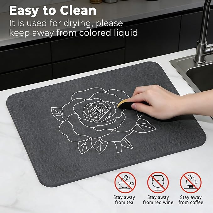 Stone Dish Drying Mat for Kitchen Counter, Glittery Resin Rose Pattern Quick Drying Mat, Water Absorbing Diatomaceous Pad for Plate Bottle Utensil Rack,Space Saving (Silver & Grey 16"×12" & 8"×4")