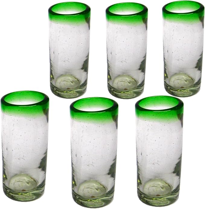 Emerald Green Rim 2 oz Tequila Shot Glasses (set of 6), Recycled Glass, Lead-free, Toxin-Free (Shot)