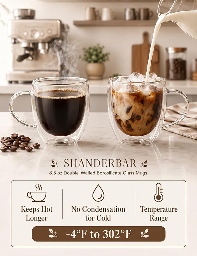 Set of 4 Double Walled Glass Coffee Mugs with Handles, 8.5oz Clear Coffee Mugs for Hot/Cold Beverages, Insulated Borosilicate Glass Cups for Cappuccino, Espresso, Latte, Tea, Milk, Microwave Safe