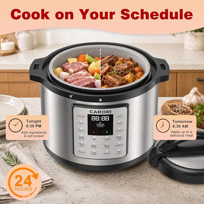 Silver 8 Quart Pressure Cooker, 1200W Multi-Function Cooker with Sauté, Steam, Yogurt & Sterilize Functions Dishwasher Safe & Secure Venting.