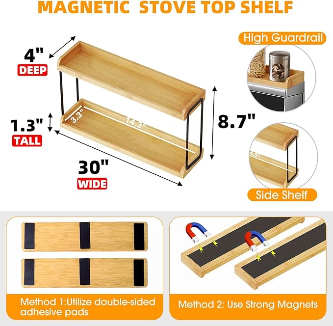 30" Magnetic Over the Stove Shelf,Stove Top Shelf,Over Oven Shelf,Stove Shelf for Back of Stove, Heat-Resistant and Wooden,Space-Saving Kitchen Storage (Wood Color, 2 Layer 2 pcs)