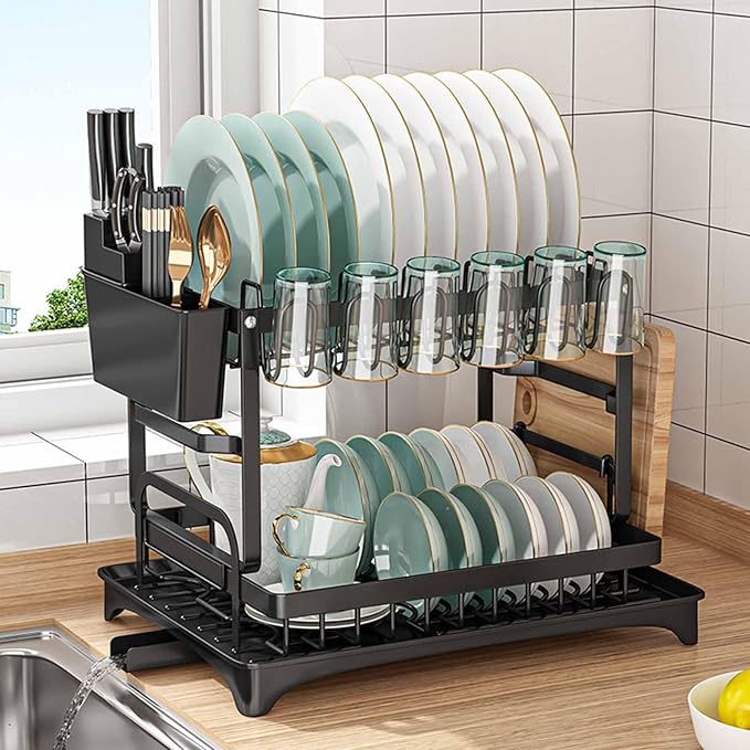 Dish Drying Rack, Stainless Steel Dish Rack with Rotatable Spout, Dish Drying Rack Dish Rack,Dish Racks for Kitchen Counter,Dish Drainer with Removable Utensil Holder Kitchen Counter