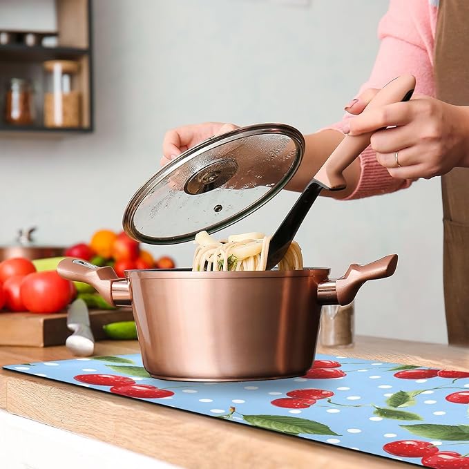 2 in 1 Table Runner Trivet for Hot Pots and Pans Heat Resistant Non Slip Waterproof 39 x 12 Inch Decorative Table Protector for Kitchen Countertop Light Blue Dots Red Cherry