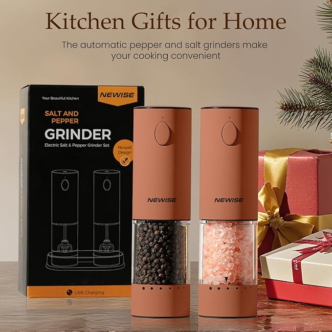 Newise Electric Salt and Pepper Grinder Set Rechargeable with LED Lights, Automatic Pepper & Salt Mill, Adjustable Coarseness, Large Capacity, Brown
