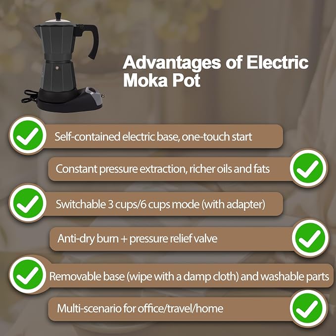 Aluminum Electric Moka Pot 3-6 Cup 270ml Express Coffee Maker Stovetop Espresso Portable Coffeemaker Italian Classic Brewing Greca Cafe Mocha with Removable Base and Overheating Protection Machine