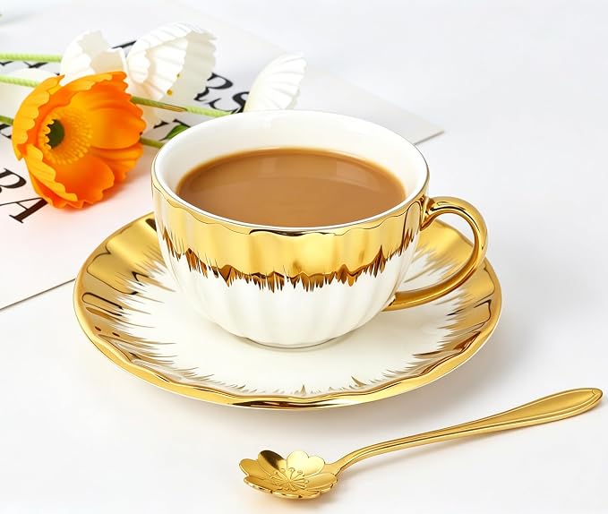 Cappuccino Cups with Saucers and Sakura Spoons, 8 oz Ceramic Espresso Cup Set of 4, Gold-Trim Coffee Cup Mugs for Latte, Tea, Kitchen or Café, Microwave and Dishwasher Safe