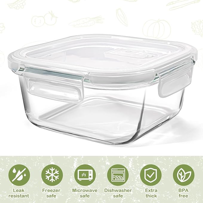 Square Glass Containers with Lids 3 Cup/24 oz, 4 Pack | Borosilicate Glass Bowl | Airtight | Meal Prep | Sandwich | Oven Microwave Freezer Dishwasher Safe | Small Food Storage Sets