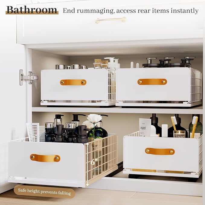 Pull Out Cabinet Organizer, 1 Pack No-Drill Pantry Drawers, Slide Out Shelves with Bamboo Risers for Lipped Cabinets,Ideal for Kitchen, Bathroom & Under Sink Storage (White, 11.8"Wide-15.7"Deep)