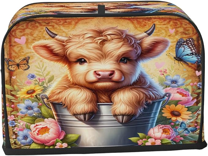 Highland Cow Retro Cute 4 Slice Toaster Cover Dust And Fingerprint Bread Maker Cover Bakeware Protector Washable Appliance Covers Kitchen Accessories For Home Kitchen Women Gift