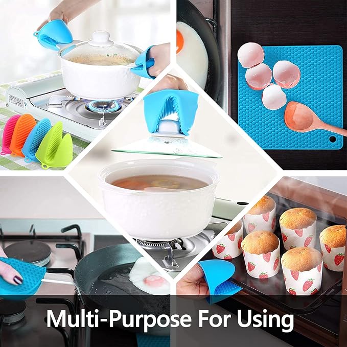 Extra Long Silicone Oven Mitts and Pot Holders Sets, Purple and Blue
