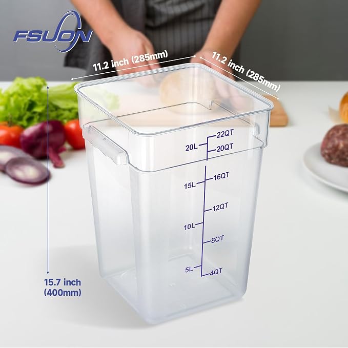 4 Pack 22 Qt Square Polycarbonate Food Storage Containers with Lids | Clear BPA-free PC with lids, side handles, measurement scale and stackable design; for food prep, storage and freezer use.