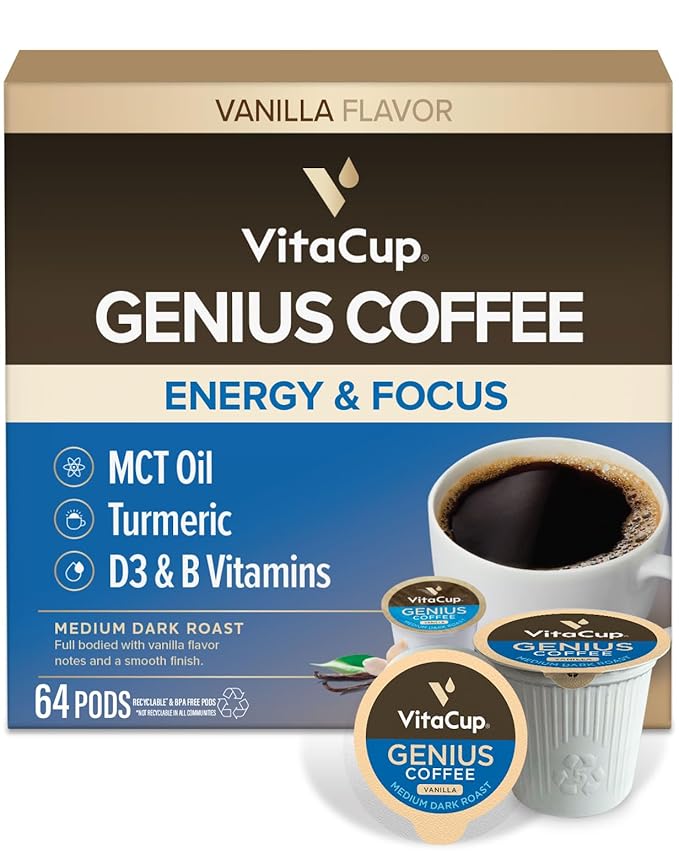 VitaCup Genius Vanilla Keto Coffee Pods w/MCT Oil, Turmeric, B Vitamins, & D3 for Energy & Focus in Single Serve Pod Compatible with K-Cup Brewers Including Keurig 2.0, 64 CT