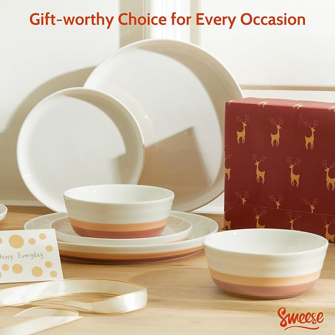 Sweese Plates and Bowls Sets,18 Pieces Modern Porcelain Dinnerware Set for 6 Handcrafted Uniqe Dinner Set Ceramic Dishware Dishes Microwave and Dishwasher Safe, Terra Cotta