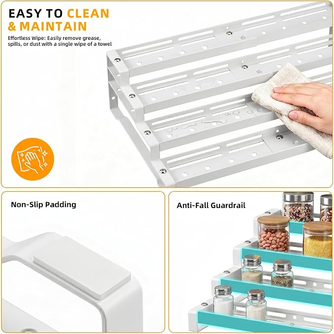 4-Tier Spice Rack Organizer, 13"-21.5" Expandable Spice Organization Shelf, Metal Seasoning Organizer for Kitchen Countertop or Pantry, Slip-Resistant Design for Jars and Bottles, White