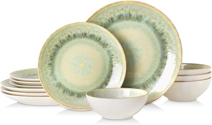 DOMICREVERY Ceramic Dinnerware Sets for 4, 12 Pieces Plates and Bowls Sets, Moss Green
