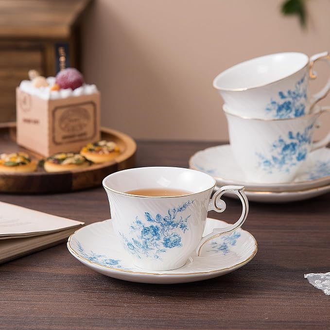 Agyiuns tea cups and saucers ceramic coffee mug 6oz for Coffee, Latte, Cafe Mocha and Tea-Set of 4,Blue