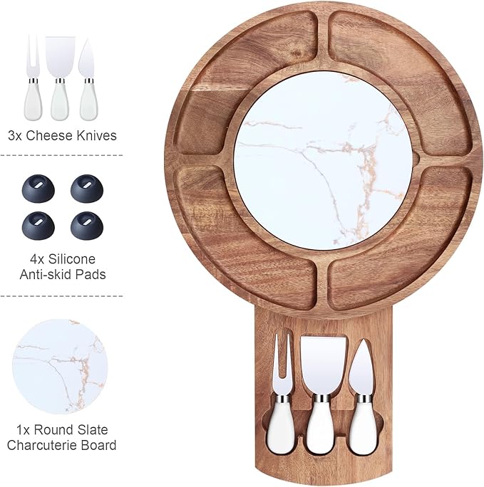 13.5" Round Acacia Wood Cheese & Charcuterie Board Set with Slate Chiller, Hidden Drawer & 420 Stainless Steel Knives/Forks - Ideal Wedding, Housewarming, Birthday Gifts