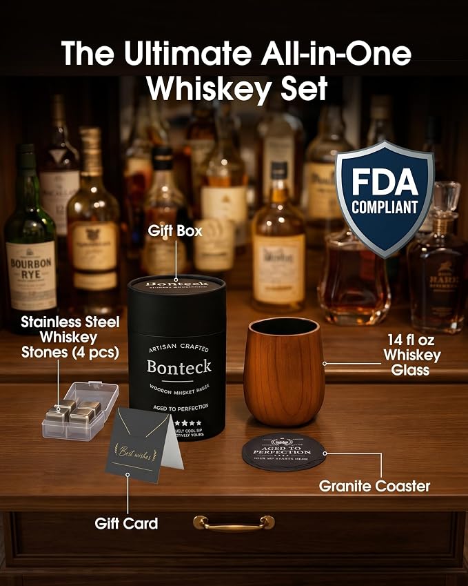 Bonteck Large Original Charred Wooden Bourbon Drinking Glass | 14 oz Charred Wooden Old Fashioned Whiskey Glass | Bourbon Gifts for Men, Dad, Boyfriend, or Brother | Whiskey Gifts (1 Pack)