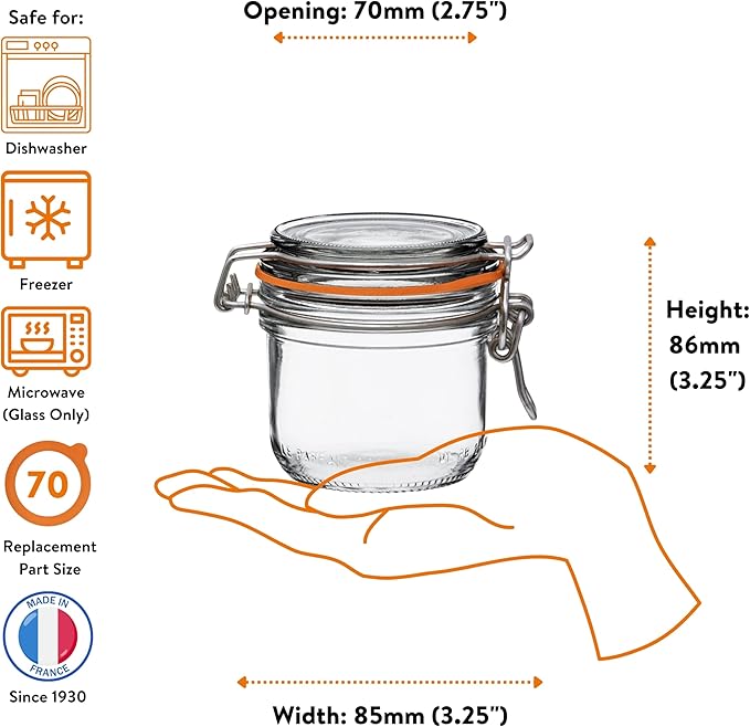 Le Parfait Super Terrine Jar | 7oz/Half Pint (Pack of 4) 200ml French Glass Jar, Airtight Rubber Seal & Glass Lid | Glass Jars for Kitchen Organization and Storage Containers for Essentials