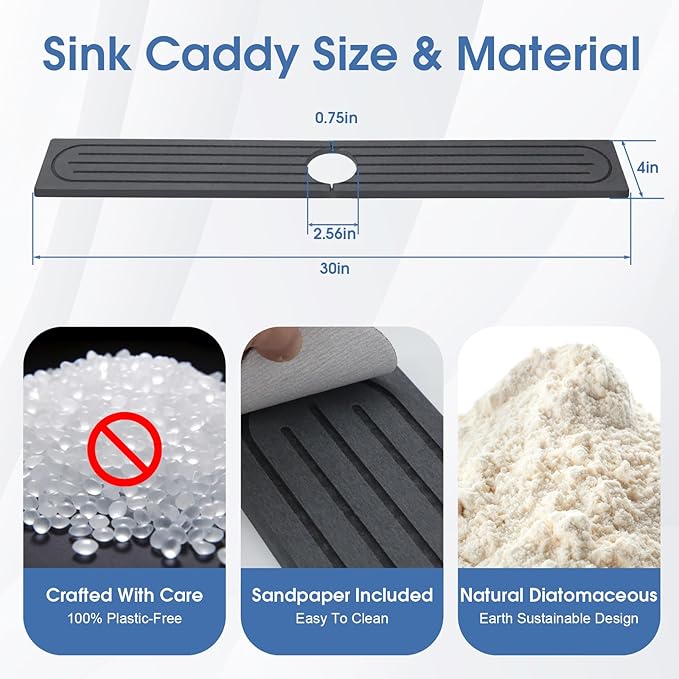 Stone Faucet Mat for Kitchen Sink with Raised Feet, Durable Diatomite Fast-Drying Stone Tray, Non-Slip Decorative Sink Protector for Kitchen Bathroom Counter, Easy Clean, Pure black, 30" x 4"