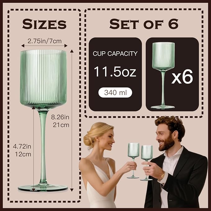 Sage Green Square Wine Glasses Set of 6, Elegant Ribbed Design Green Crystal Glassware with Long Stem, 11.5oz Hand Blown Red & White Wine Stemware For Home Dinner Party Wedding Housewarming Gift