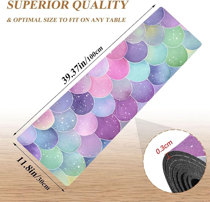 2 in 1 Table Runner Trivet for Hot Pots and Pans Heat Resistant Non Slip Waterproof 39 x 12 Inch Decorative Table Protector for Kitchen Countertop Watercolor Mermaid Scales Colors