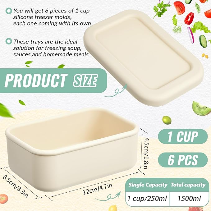 Teenyyou 6 Packs 1 Cup Silicone Soup Freezer Molds with Lid Silicone Soup Freezer Trays Rectangle Reusable Food Preserving Tray Freezing Sauces Stews(Beige)