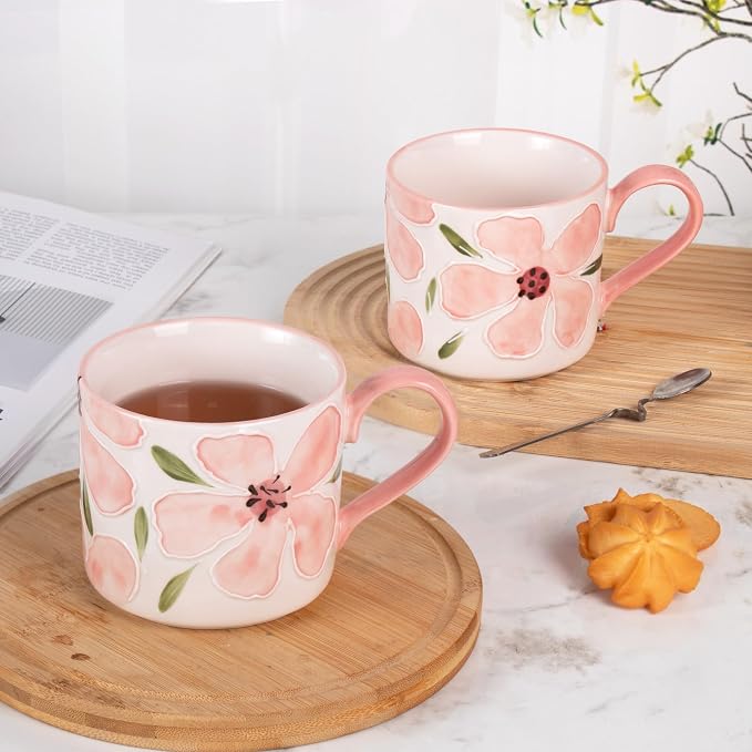 KAMMAK Pink Ceramic Coffee Mug, 13.5oz Mugs Set of 2, Novelty Cup for Tea, Juice, Milk, Cute Porcelain Water Cups with Handle for Women, Dishwasher and Microwave Safe