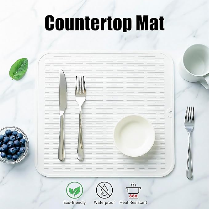 MicoYang Silicone Dish Drying Mat for Multiple Usage,Easy clean,Eco-friendly,Heat-resistant Silicone Mat for Kitchen Counter or Sink,Refrigerator or Drawer Liner White XL 18 inches x 16 inches