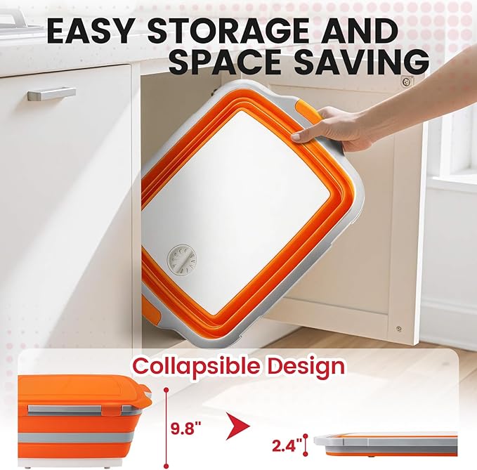 BBQ Prep Tub 3-IN-1 Large 30L Collapsible Cutting Board with Locking Lid for Meal Prep Marinating Food, Camping Sink with Colander, Dish Basin, Storage Blanket for Camping Picnic BBQ, Orange