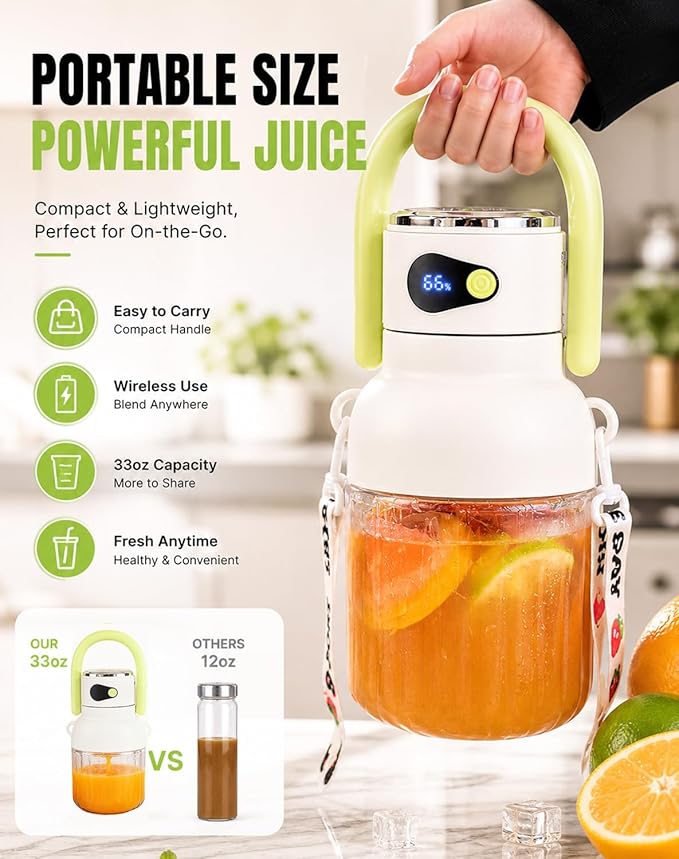 Portable Blender for Daily Smoothies - 33oz Large Capacity Personal Portable Blender, 38 Stainless Steel Blades for Ice & Frozen Fruit, USB-C Rechargeable with Smart LED Battery Monitor (Green)