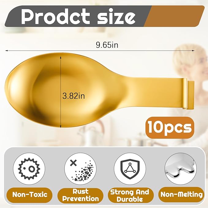 Nuanchu 10 Pcs Stainless Steel Spoon Rest Spatula Ladle Holder Spoon for Stove Top Heavy Duty Spatula Holder for Countertop Dishwasher Safe Utensil Rest for Kitchen, 3.8 x 9.6" (Gold)