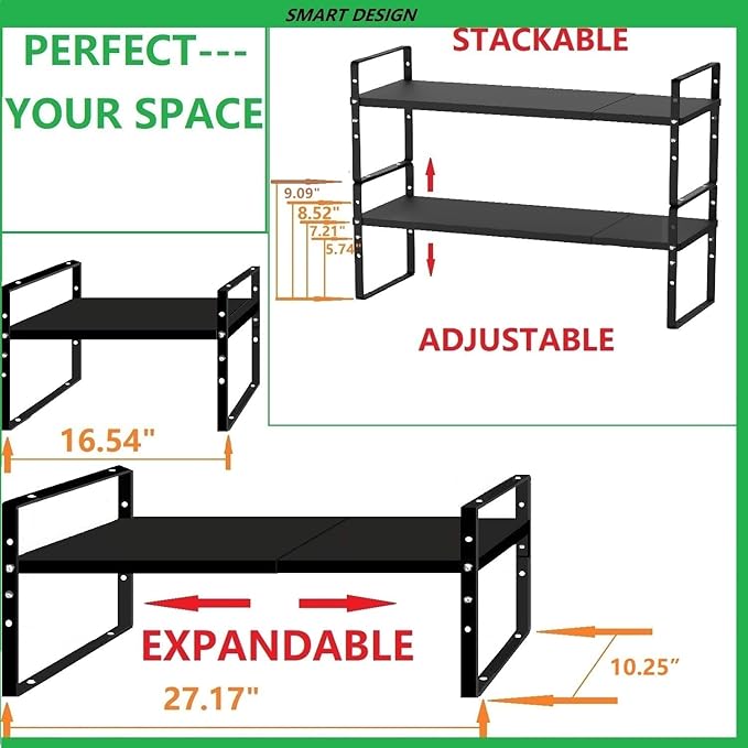 Jojocross Expandable Stackable Spice Rack Cabinet Shelf Organizer in Cabinets Shelves Kitchen Cupboard Organization Stack up Racks Pantry Countertop Storage Large/Black 1 Pack
