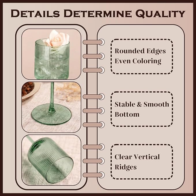 Sage Green Square Wine Glasses Set of 6, Elegant Ribbed Design Green Crystal Glassware with Long Stem, 11.5oz Hand Blown Red & White Wine Stemware For Home Dinner Party Wedding Housewarming Gift