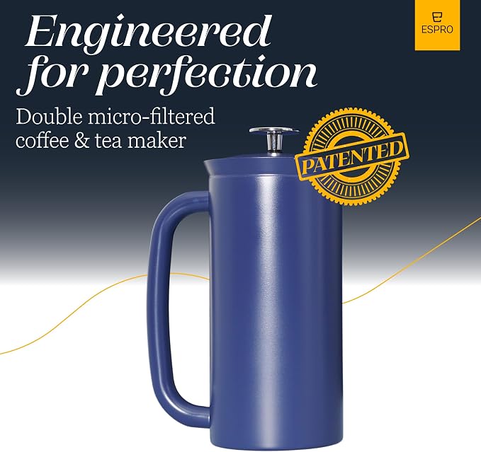 ESPRO Pro P7 French Press Stainless Steel 304 – Patented Double Walled Micro-Filter Insulated French Press Coffee Maker, Grit-Free Brew - Heat Resistant BPA Free - Agean Blue, 18oz
